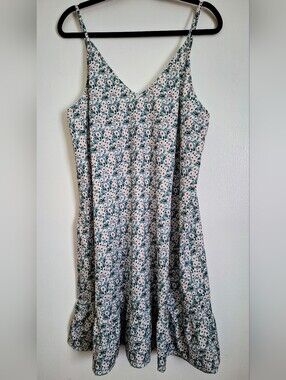 SHEILAY Cottagecore Floral Slip Dress Blue Daisy Print Ruffle Hem